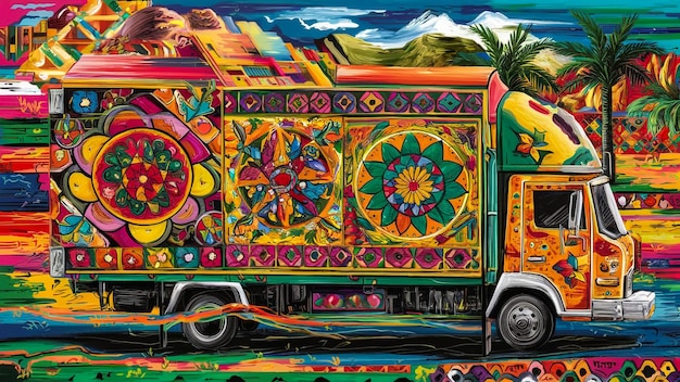 a colorful painting of a car with a palm tree in the background