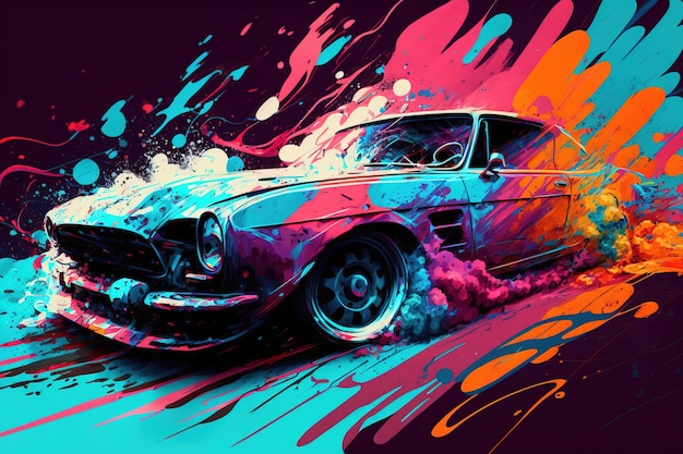 A colorful painting of a car with the word ford on it