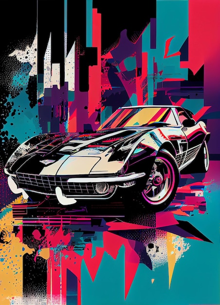 A colorful painting of a car with the word ford on it.