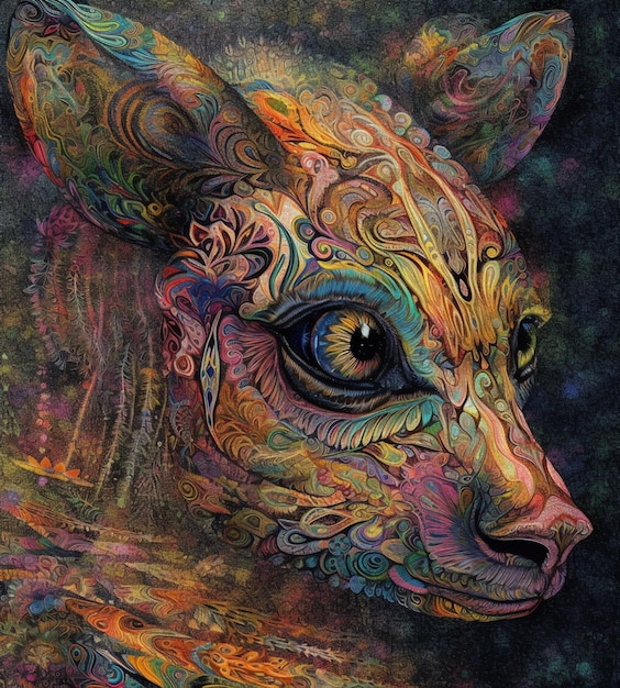 A colorful painting of a cat with a large eye and a large eye.