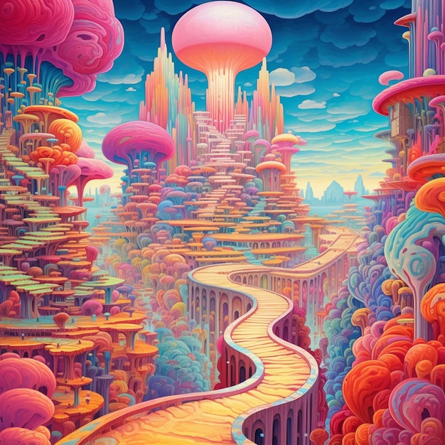 A colorful painting of a city with a bridge in the middle.