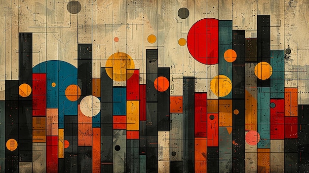 a colorful painting of a city with a lot of circles on it