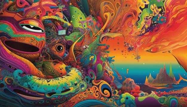 A colorful painting of a colorful background with a rainbow and a fish on it.