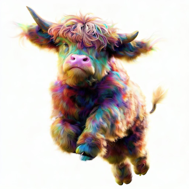 A colorful painting of a cow with a pink nose and a purple nose.