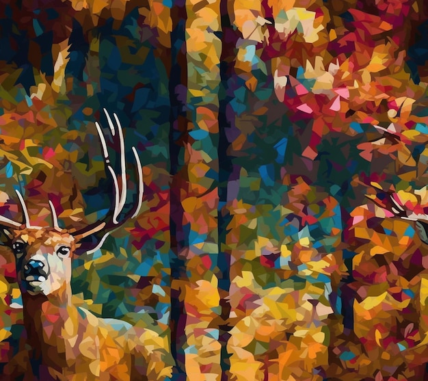 A colorful painting of a deer with antlers in the woods.