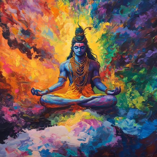 A colorful painting depicting a Hindu deity Shiva meditating in a lotus position on a cloud against a vibrant abstract background