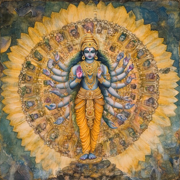 Photo a colorful painting depicting a hindu deity with multiple arms surrounded by smaller figures