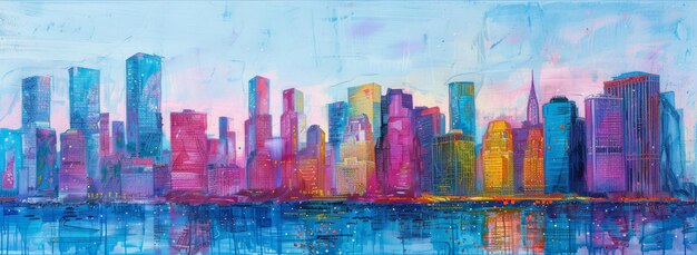 Photo a colorful painting depicting the new york city skyline at dusk with tall buildings