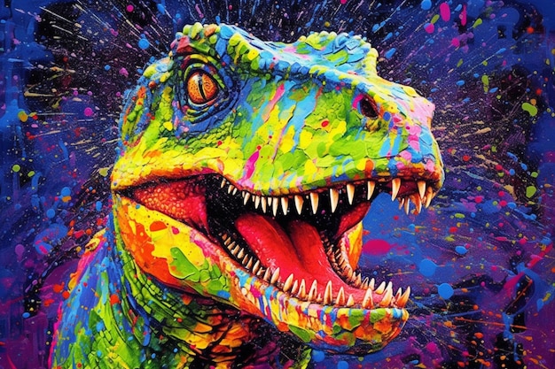 A colorful painting of a dinosaur with the word t - rex on it.