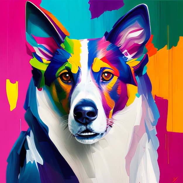 A colorful painting of a dog with a black nose and a white face