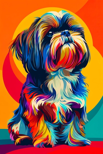 A colorful painting of a dog with its tongue sticking out