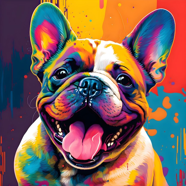 A colorful painting of a dog with a pink tongue.