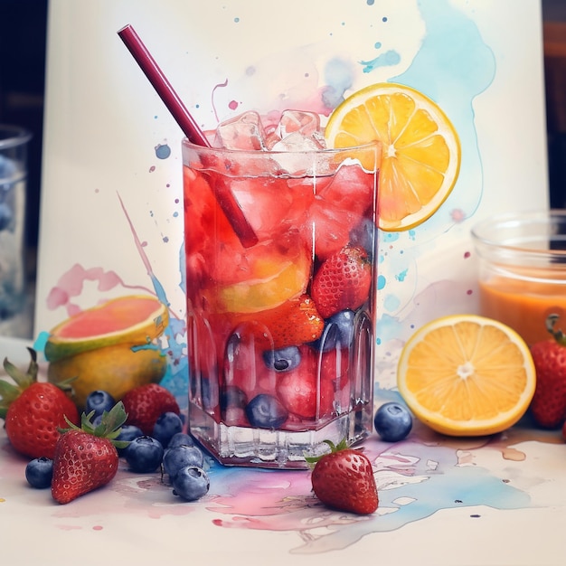 A colorful painting of a drink with straws and blueberries.