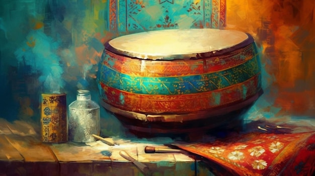 A colorful painting of a drum with a bottle of oil on the table.