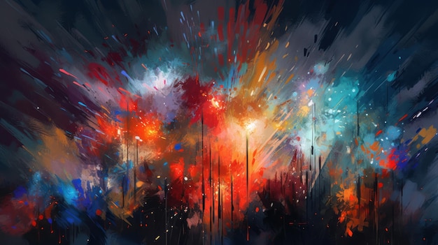 A colorful painting of fireworks in blue and red.