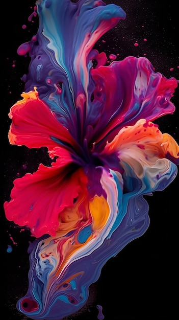 A colorful painting of a flower with a black background.