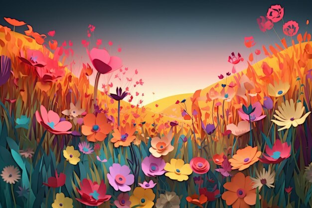 A colorful painting of flowers in a field with a sunset in the background.