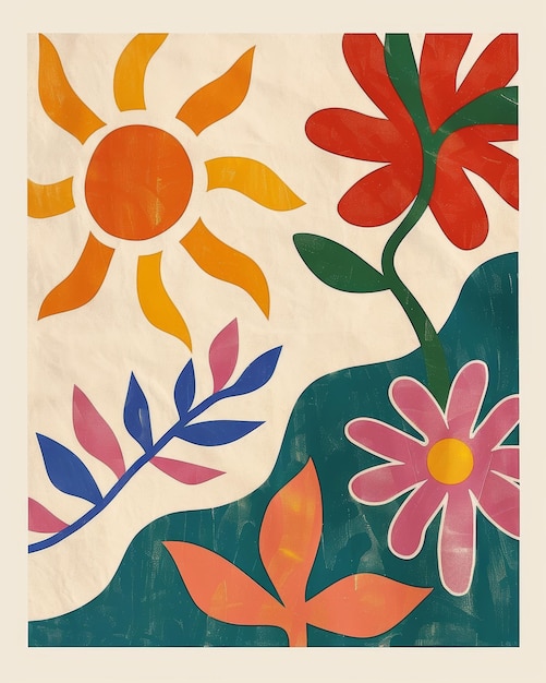 a colorful painting of flowers and leaves with the sun on it