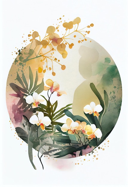 A colorful painting of flowers and leaves with the word orchids on it.