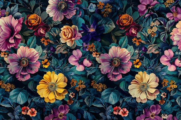 A colorful painting of flowers with a blue background generative ai image