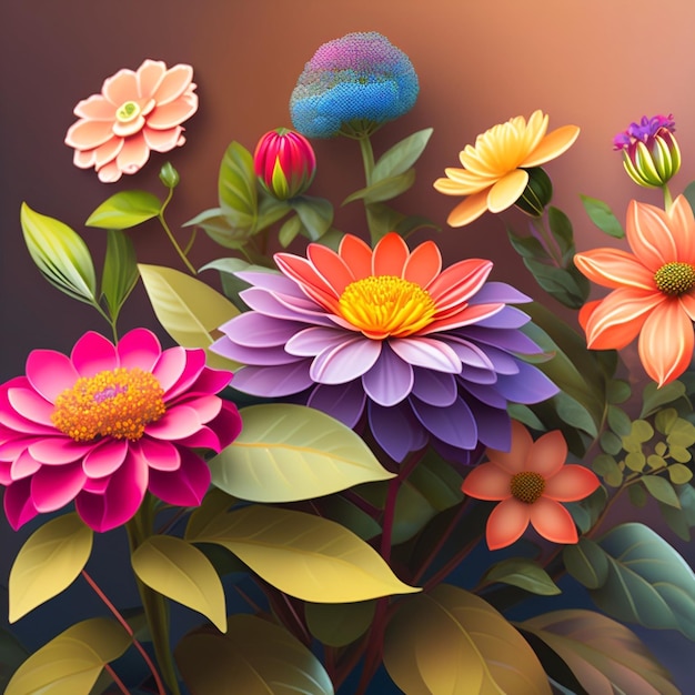 A colorful painting of flowers with a green leaf on it