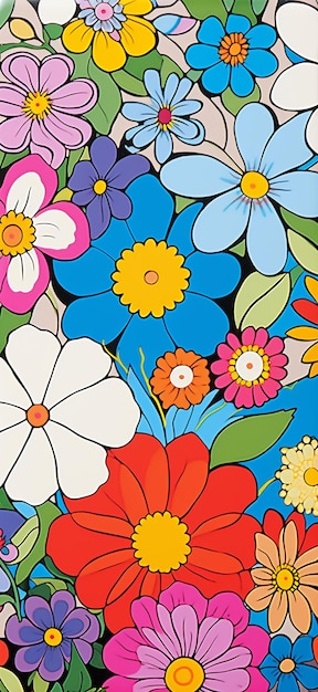 a colorful painting of flowers with a green stem.