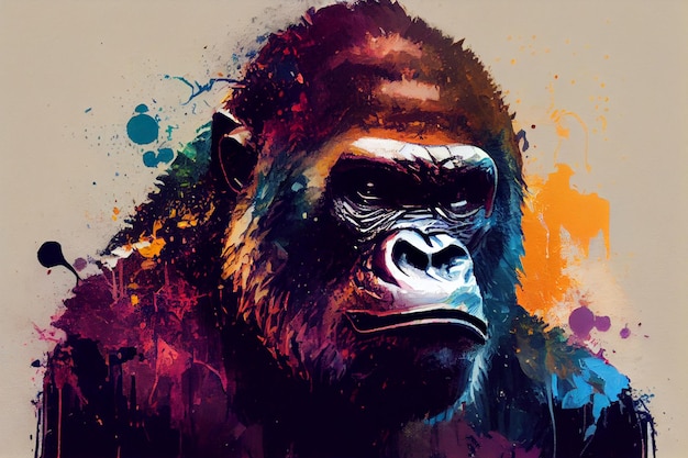 A colorful painting of a gorilla with a black face.