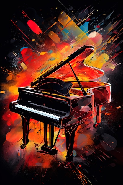 A colorful painting of a grand piano with the words grand piano on the front.