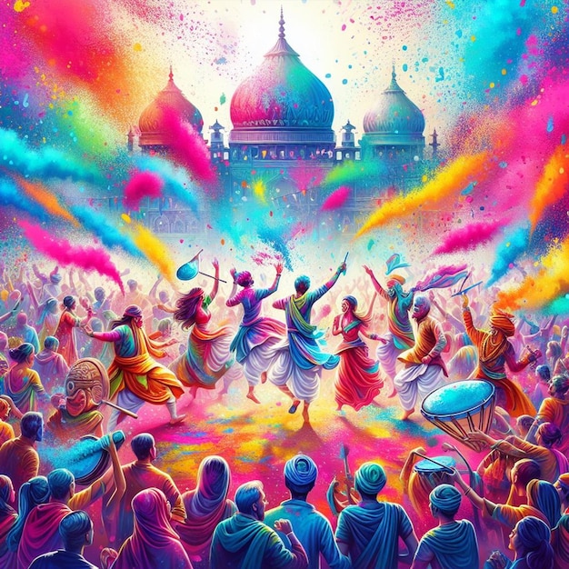 a colorful painting of a group of people dancing in front of a building celebrate Happy holi