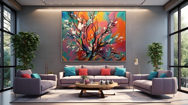 a colorful painting hangs above a couch with a tree on the wall behind it