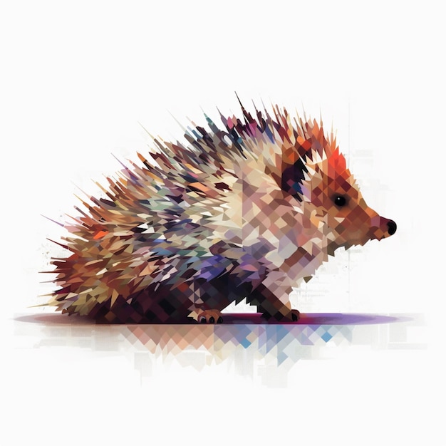 A colorful painting of a hedgehog with a pink background.