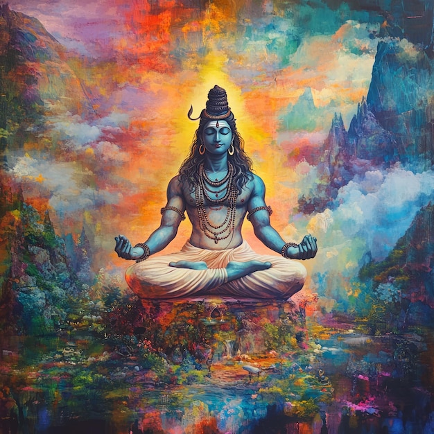 A colorful painting of Hindu god Shiva in meditation pose with mountains and clouds in the background