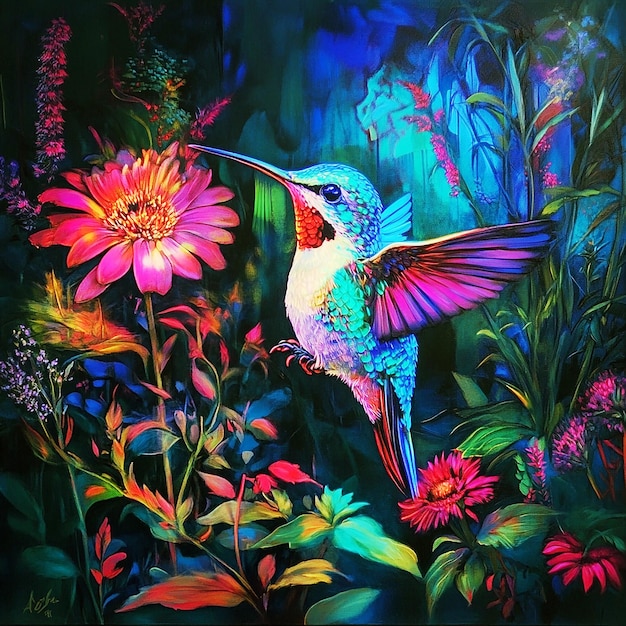 a colorful painting of a hummingbird with flowers and a bird