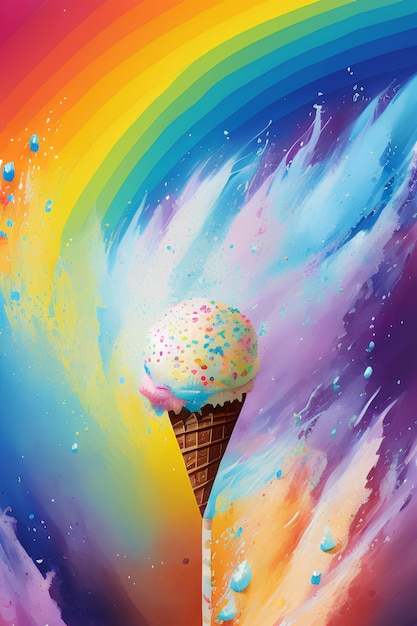 A colorful painting of a ice cream cone with rainbows on it.