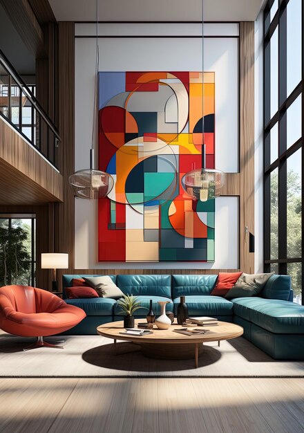 a colorful painting is hanging on a wall in a living room