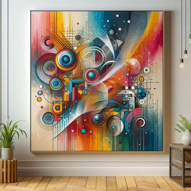 a colorful painting is on the wall of a living room