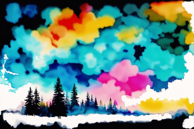 A colorful painting of a lake with a sky full of clouds and a colorful sky with the words " the sky is blue ".