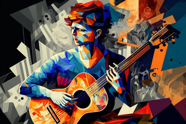 A colorful painting of a man playing a guitar.