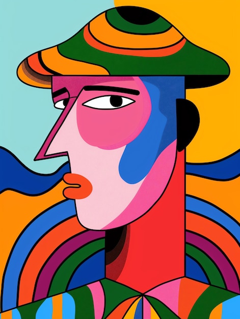 a colorful painting of a man with a colorful hat and a colorful hat