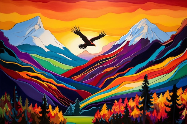 A colorful painting of a mountain landscape with a bird flying above it.