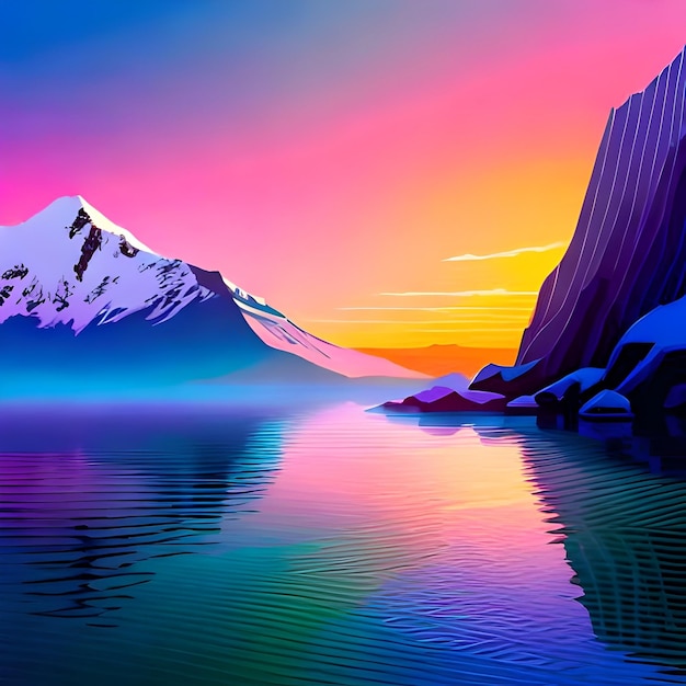 A colorful painting of a mountain and the sky is colored with a pink and blue gradient.