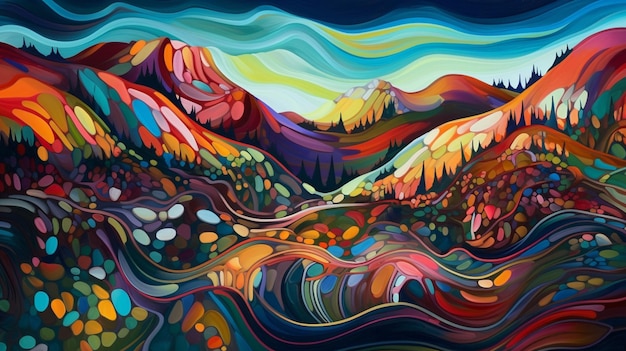 A colorful painting of mountains and trees with the words " mountain " on the bottom.