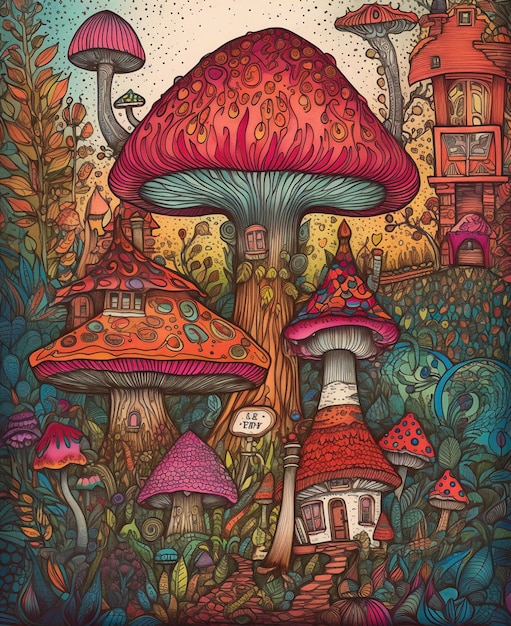 A colorful painting of a mushroom with the word mushroom on it.