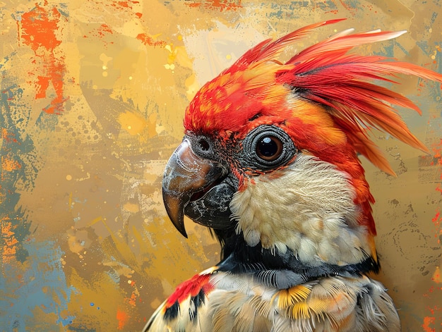 a colorful painting of a parrot with a red mohawk