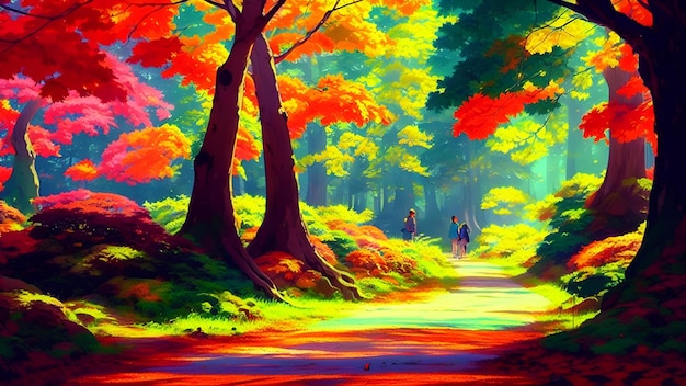 A colorful painting of a path with a couple walking in the forest