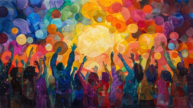 Colorful painting of people reaching for the sun