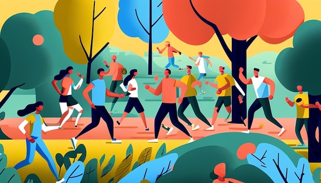 Photo a colorful painting of people running in a park