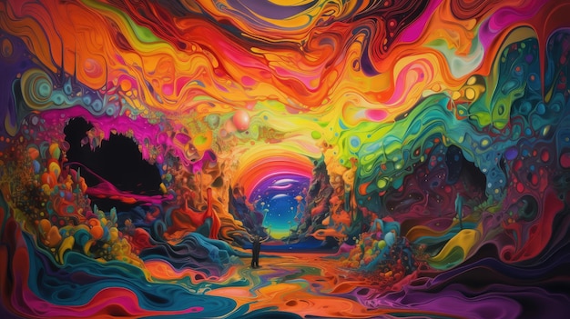 A colorful painting of a person walking through a tunnel with the words'rainbow'on it