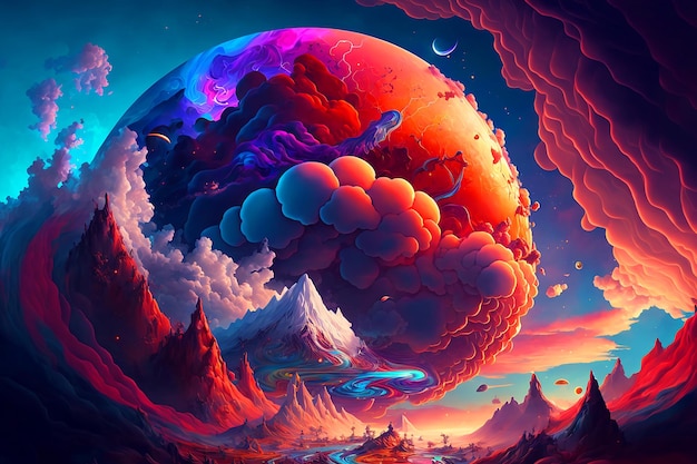 A colorful painting of a planet with a mountain in the background