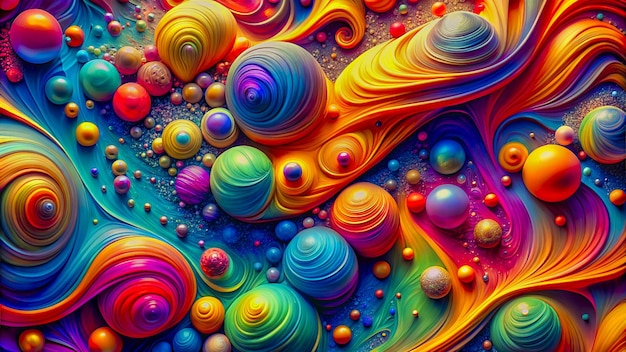 a colorful painting of a rainbow colored planet with many different colored bubbles